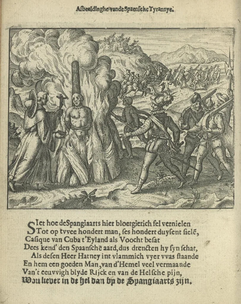 An illustration from Den spiegel der Spaensche tierannije, geschiet in Westindien : waerin te sien is de onmenschelijke wreede feÿten der Spanjaerden met samen de beschrijvinge der selver lant en volcken aert en nature allen vaderlant lieuende en vrome voorsta[n]ders ten exempel voor gestelt, 1620, leaf 25