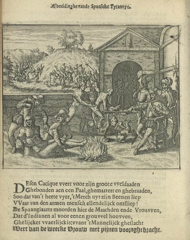 An illustration from Den spiegel der Spaensche tierannije, geschiet in Westindien : waerin te sien is de onmenschelijke wreede feÿten der Spanjaerden met samen de beschrijvinge der selver lant en volcken aert en nature allen vaderlant lieuende en vrome voorsta[n]ders ten exempel voor gestelt, 1620, leaf 27