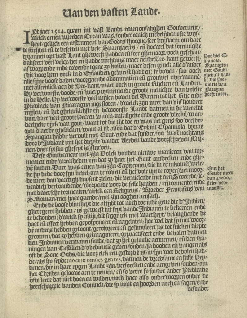 An illustration from Den spiegel der Spaensche tierannije, geschiet in Westindien : waerin te sien is de onmenschelijke wreede feÿten der Spanjaerden met samen de beschrijvinge der selver lant en volcken aert en nature allen vaderlant lieuende en vrome voorsta[n]ders ten exempel voor gestelt, 1620, leaf 28