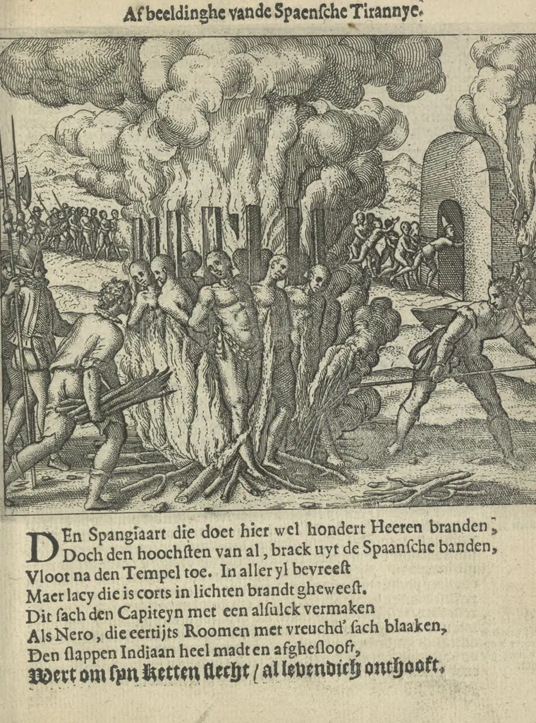 An illustration from Den spiegel der Spaensche tierannije, geschiet in Westindien : waerin te sien is de onmenschelijke wreede feÿten der Spanjaerden met samen de beschrijvinge der selver lant en volcken aert en nature allen vaderlant lieuende en vrome voorsta[n]ders ten exempel voor gestelt, 1620, leaf 34