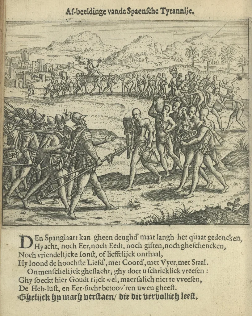 An illustration from Den spiegel der Spaensche tierannije, geschiet in Westindien : waerin te sien is de onmenschelijke wreede feÿten der Spanjaerden met samen de beschrijvinge der selver lant en volcken aert en nature allen vaderlant lieuende en vrome voorsta[n]ders ten exempel voor gestelt, 1620, leaf 37