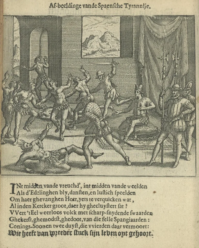 An illustration from Den spiegel der Spaensche tierannije, geschiet in Westindien : waerin te sien is de onmenschelijke wreede feÿten der Spanjaerden met samen de beschrijvinge der selver lant en volcken aert en nature allen vaderlant lieuende en vrome voorsta[n]ders ten exempel voor gestelt, 1620, leaf 39