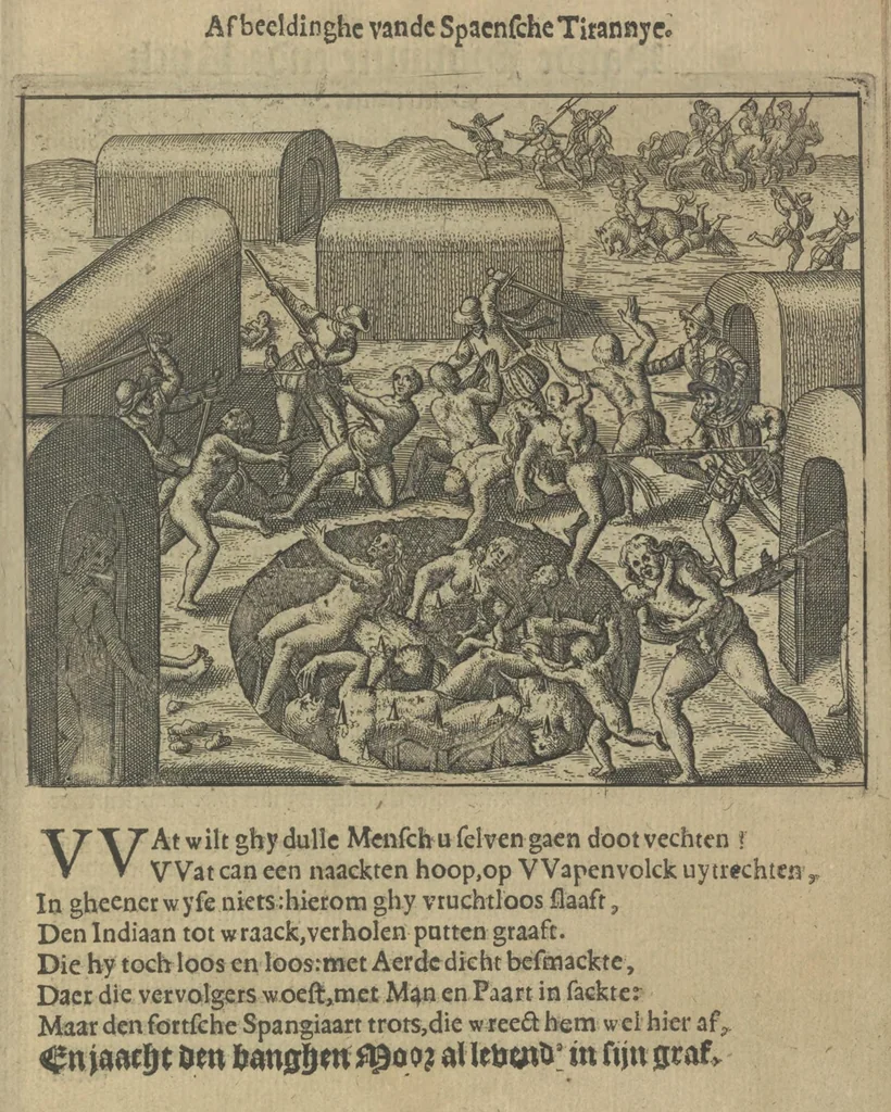 An illustration from Den spiegel der Spaensche tierannije, geschiet in Westindien : waerin te sien is de onmenschelijke wreede feÿten der Spanjaerden met samen de beschrijvinge der selver lant en volcken aert en nature allen vaderlant lieuende en vrome voorsta[n]ders ten exempel voor gestelt, 1620, leaf 44