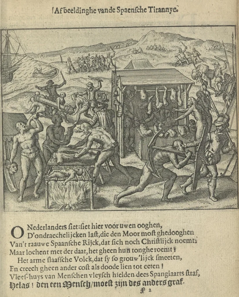 An illustration from Den spiegel der Spaensche tierannije, geschiet in Westindien : waerin te sien is de onmenschelijke wreede feÿten der Spanjaerden met samen de beschrijvinge der selver lant en volcken aert en nature allen vaderlant lieuende en vrome voorsta[n]ders ten exempel voor gestelt, 1620, leaf 48