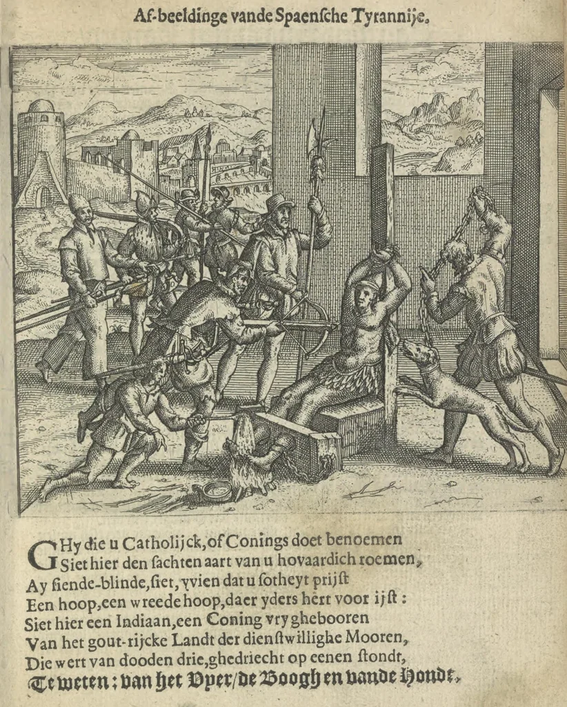 An illustration from Den spiegel der Spaensche tierannije, geschiet in Westindien : waerin te sien is de onmenschelijke wreede feÿten der Spanjaerden met samen de beschrijvinge der selver lant en volcken aert en nature allen vaderlant lieuende en vrome voorsta[n]ders ten exempel voor gestelt, 1620, leaf 50