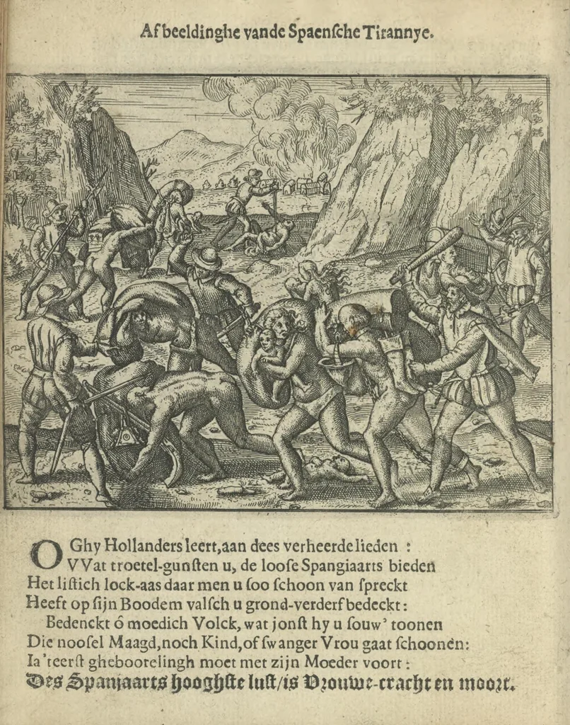 An illustration from Den spiegel der Spaensche tierannije, geschiet in Westindien : waerin te sien is de onmenschelijke wreede feÿten der Spanjaerden met samen de beschrijvinge der selver lant en volcken aert en nature allen vaderlant lieuende en vrome voorsta[n]ders ten exempel voor gestelt, 1620, leaf 53