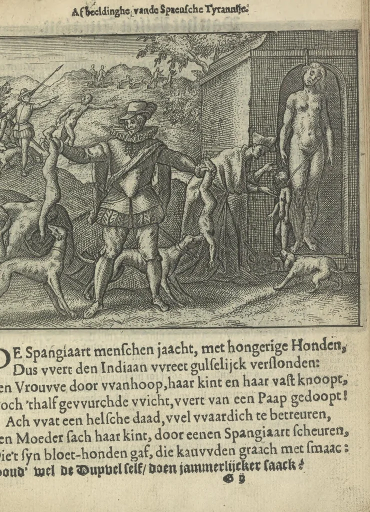 An illustration from Den spiegel der Spaensche tierannije, geschiet in Westindien : waerin te sien is de onmenschelijke wreede feÿten der Spanjaerden met samen de beschrijvinge der selver lant en volcken aert en nature allen vaderlant lieuende en vrome voorsta[n]ders ten exempel voor gestelt, 1620, leaf 56