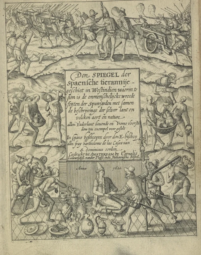An illustration from Den spiegel der Spaensche tierannije, geschiet in Westindien : waerin te sien is de onmenschelijke wreede feÿten der Spanjaerden met samen de beschrijvinge der selver lant en volcken aert en nature allen vaderlant lieuende en vrome voorsta[n]ders ten exempel voor gestelt, 1620, leaf 6
