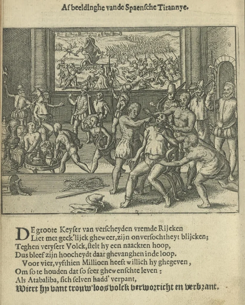 An illustration from Den spiegel der Spaensche tierannije, geschiet in Westindien : waerin te sien is de onmenschelijke wreede feÿten der Spanjaerden met samen de beschrijvinge der selver lant en volcken aert en nature allen vaderlant lieuende en vrome voorsta[n]ders ten exempel voor gestelt, 1620, leaf 77