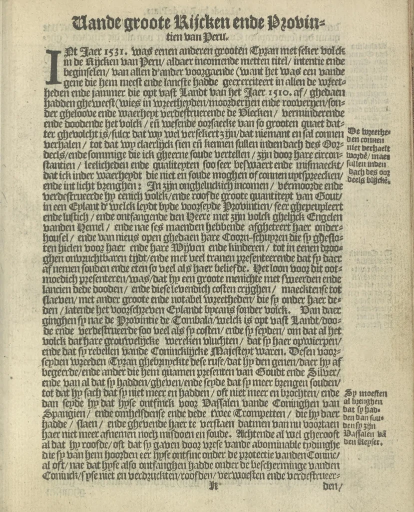 An illustration from Den spiegel der Spaensche tierannije, geschiet in Westindien : waerin te sien is de onmenschelijke wreede feÿten der Spanjaerden met samen de beschrijvinge der selver lant en volcken aert en nature allen vaderlant lieuende en vrome voorsta[n]ders ten exempel voor gestelt, 1620, leaf 78