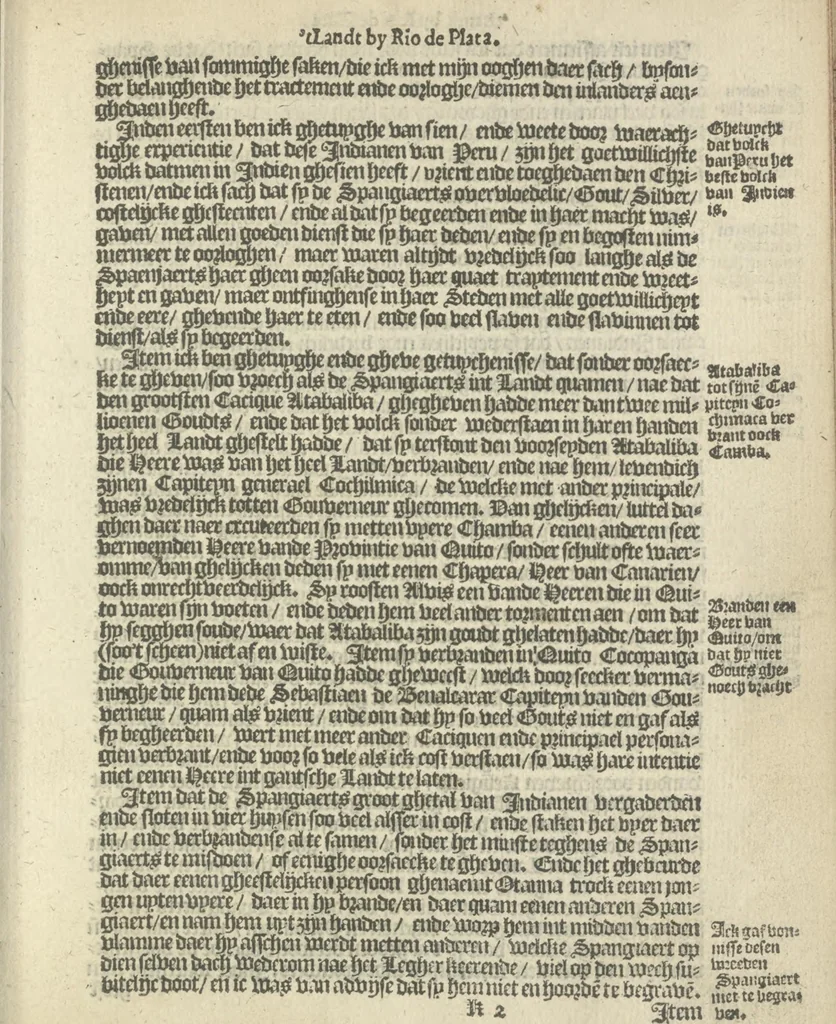 An illustration from Den spiegel der Spaensche tierannije, geschiet in Westindien : waerin te sien is de onmenschelijke wreede feÿten der Spanjaerden met samen de beschrijvinge der selver lant en volcken aert en nature allen vaderlant lieuende en vrome voorsta[n]ders ten exempel voor gestelt, 1620, leaf 80