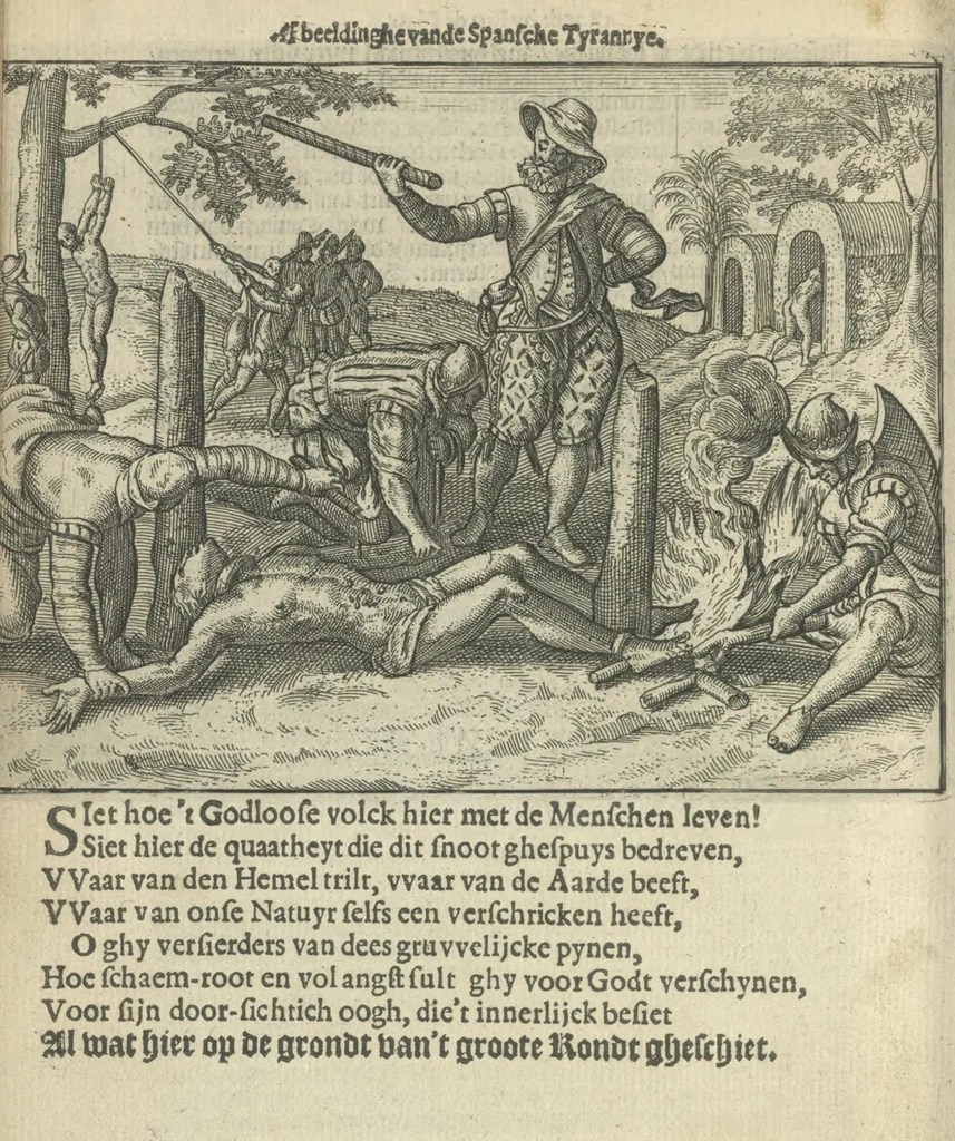 An illustration from Den spiegel der Spaensche tierannije, geschiet in Westindien : waerin te sien is de onmenschelijke wreede feÿten der Spanjaerden met samen de beschrijvinge der selver lant en volcken aert en nature allen vaderlant lieuende en vrome voorsta[n]ders ten exempel voor gestelt, 1620, leaf 83