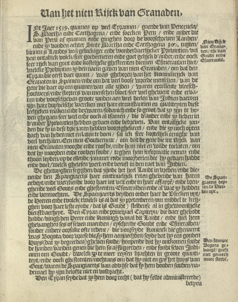 An illustration from Den spiegel der Spaensche tierannije, geschiet in Westindien : waerin te sien is de onmenschelijke wreede feÿten der Spanjaerden met samen de beschrijvinge der selver lant en volcken aert en nature allen vaderlant lieuende en vrome voorsta[n]ders ten exempel voor gestelt, 1620, leaf 84