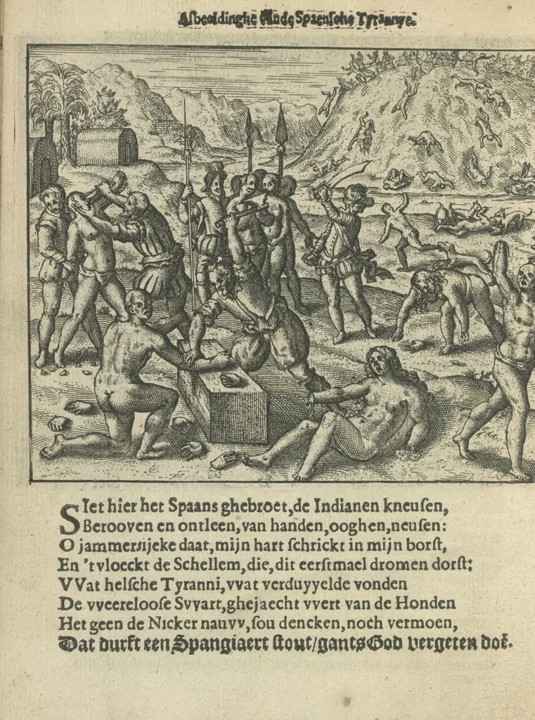 An illustration from Den spiegel der Spaensche tierannije, geschiet in Westindien : waerin te sien is de onmenschelijke wreede feÿten der Spanjaerden met samen de beschrijvinge der selver lant en volcken aert en nature allen vaderlant lieuende en vrome voorsta[n]ders ten exempel voor gestelt, 1620, leaf 87