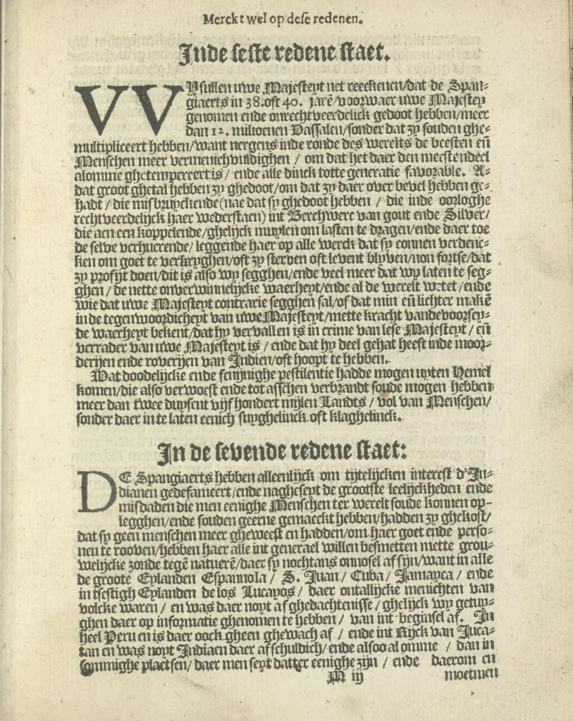 An illustration from Den spiegel der Spaensche tierannije, geschiet in Westindien : waerin te sien is de onmenschelijke wreede feÿten der Spanjaerden met samen de beschrijvinge der selver lant en volcken aert en nature allen vaderlant lieuende en vrome voorsta[n]ders ten exempel voor gestelt, 1620, leaf 98