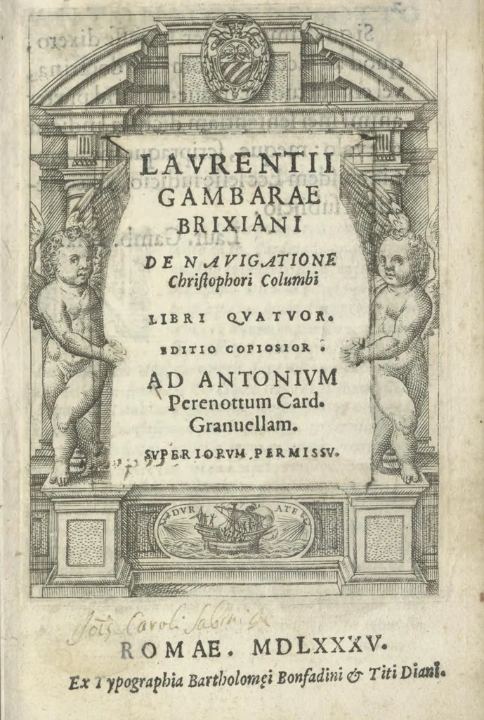 An illustration from Laurentii Gambarae Brixiani De nauigatione Christophori Columbi, libri quattuor, 1583, leaf 6