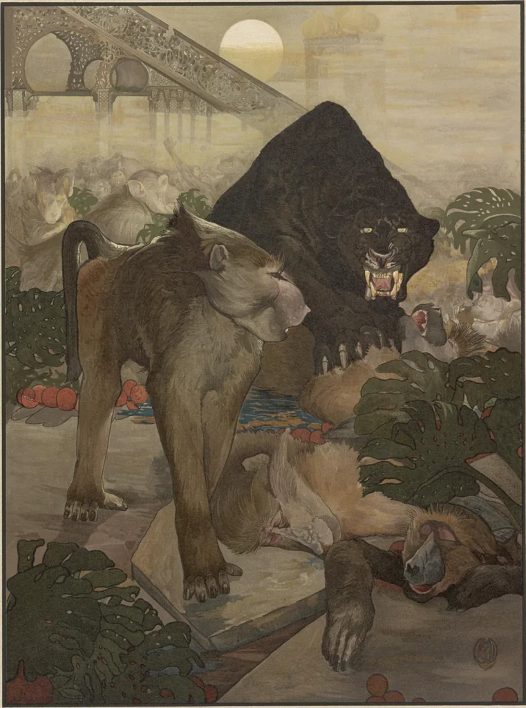 An illustration from Sixteen illustrations of subjects from Kipling's "Jungle book", 1903, leaf 18