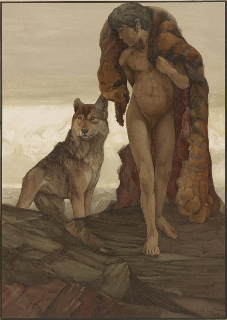An illustration from Sixteen illustrations of subjects from Kipling's "Jungle book", 1903, leaf 28