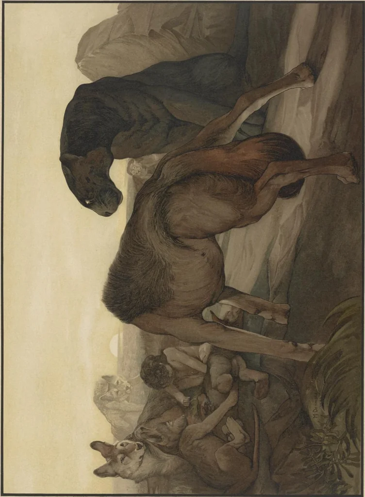 An illustration from Sixteen illustrations of subjects from Kipling's "Jungle book", 1903, leaf 9