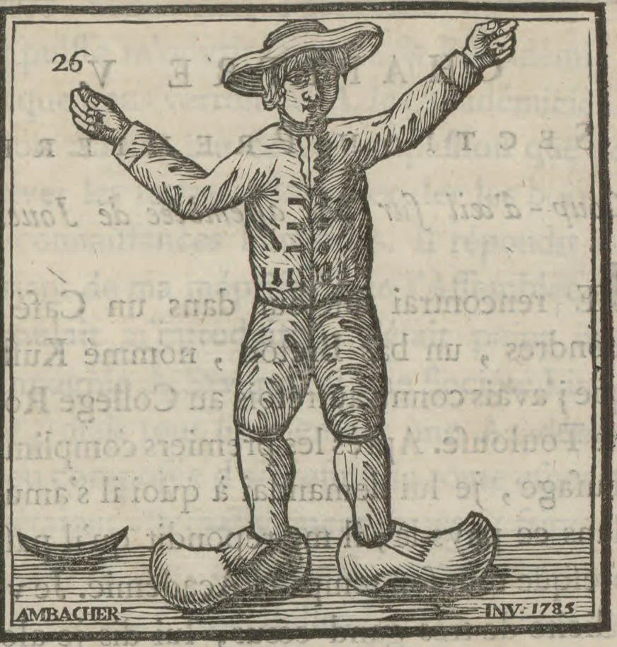 An illustration from Supplément a La magie blanche dévoilée : contenant l'explication de plusieurs tours nouveaux joués depuis peu à Londres, avec des éclaircissemens sur les artifices des joueurs de profession : les cadrans sympathiques, le mouvement perpétuel, les chevaux savans, les poupées parlantes, les automates dansants, les ventriloques, les sabots élastiques, &c., &c, 1785, leaf 217