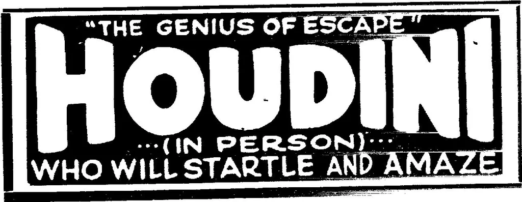 An illustration from Special performance, Friday morning only, April 27, 1923, 11 a.m. : Houdini, the genius of escape (in person) who will startle and amaze, with a lecture on Fraud mediums and miracle mongers ..., 1923, leaf 1
