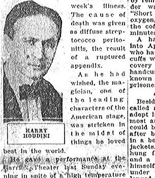 An illustration from [Two newspaper articles announcing Houdini's death on October 31, 1926]., 1926, leaf 1