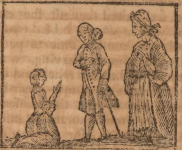 An illustration from The history of little Goody Twoshoes, otherwise called Mrs. Margery Twoshoes : with the means by which she acquired her learning and wisdom and in consequence thereof her estate ... see the original manuscript in the Vatican at Rome, and the cuts by Michael Angelo, illustrated with the comments of our great modern criticks, 1787, leaf 98