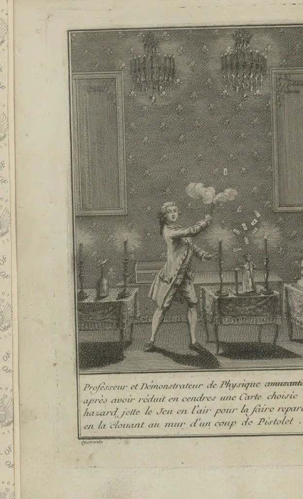 An illustration from La magie blanche dévoilée, ou, Explication des tours surprennants, qui font depuis peu l'admiration de la capitale et de la province : avec des réflexions sur la baguette divinatoire, les automates joueurs d'échecs, &c. &c, 1784, leaf 6