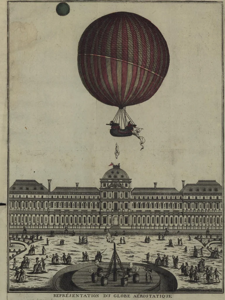 An illustration from Représentation du globe aérostatique qui s'est élevé de dessus l'un des bassins du jardin royal des Thuilleries le 1er, décembre 1783, à l. heure 40. mintes. Avec le récit de son voyage aérién, 1783, leaf 26