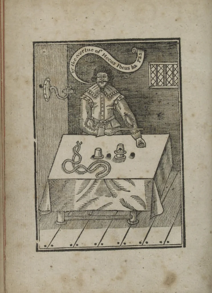 An illustration from Hocus pocus junior : the anatomie of legerdemain, or, The art of jugling set forth in his proper colours, fully, plainly, and exactly, so that an ignorant person may thereby learn the full perfection of the same, after a little practice : unto each tricke is added the figure, where it is needfull for instruction, 1635, leaf 10