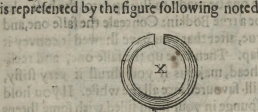 An illustration from Hocus pocus junior : the anatomie of legerdemain, or, The art of jugling set forth in his proper colours, fully, plainly, and exactly, so that an ignorant person may thereby learn the full perfection of the same, after a little practice : unto each tricke is added the figure, where it is needfull for instruction, 1635, leaf 37