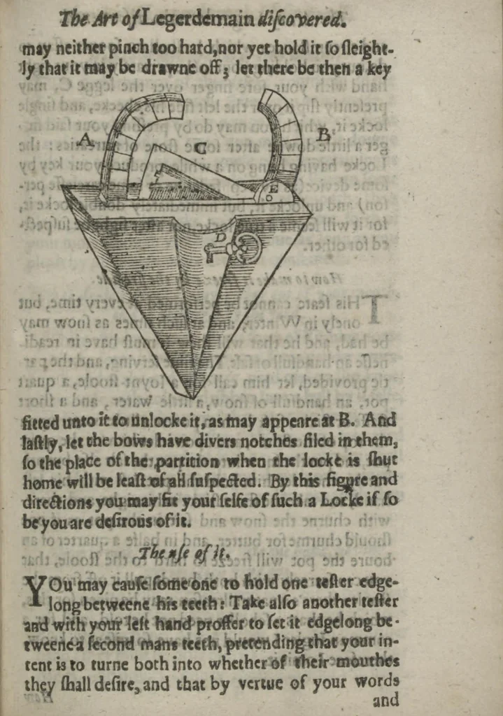 An illustration from Hocus pocus junior : the anatomie of legerdemain, or, The art of jugling set forth in his proper colours, fully, plainly, and exactly, so that an ignorant person may thereby learn the full perfection of the same, after a little practice : unto each tricke is added the figure, where it is needfull for instruction, 1635, leaf 39