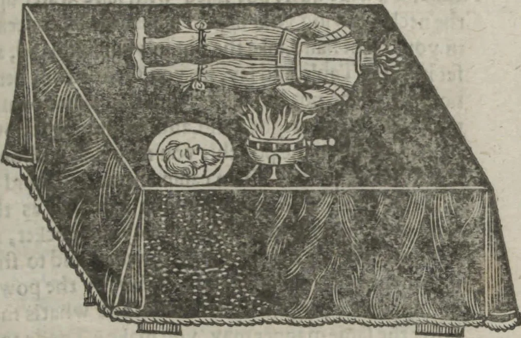 An illustration from Hocus pocus junior : the anatomie of legerdemain, or, The art of jugling set forth in his proper colours, fully, plainly, and exactly, so that an ignorant person may thereby learn the full perfection of the same, after a little practice : unto each tricke is added the figure, where it is needfull for instruction, 1635, leaf 47