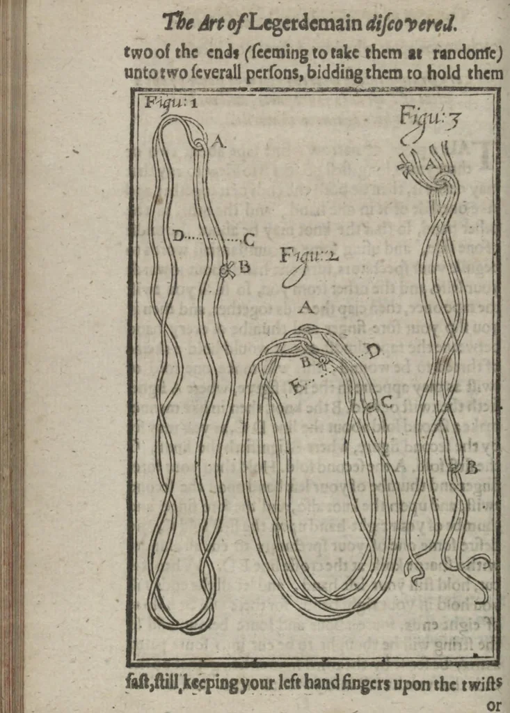 An illustration from Hocus pocus junior : the anatomie of legerdemain, or, The art of jugling set forth in his proper colours, fully, plainly, and exactly, so that an ignorant person may thereby learn the full perfection of the same, after a little practice : unto each tricke is added the figure, where it is needfull for instruction, 1635, leaf 58