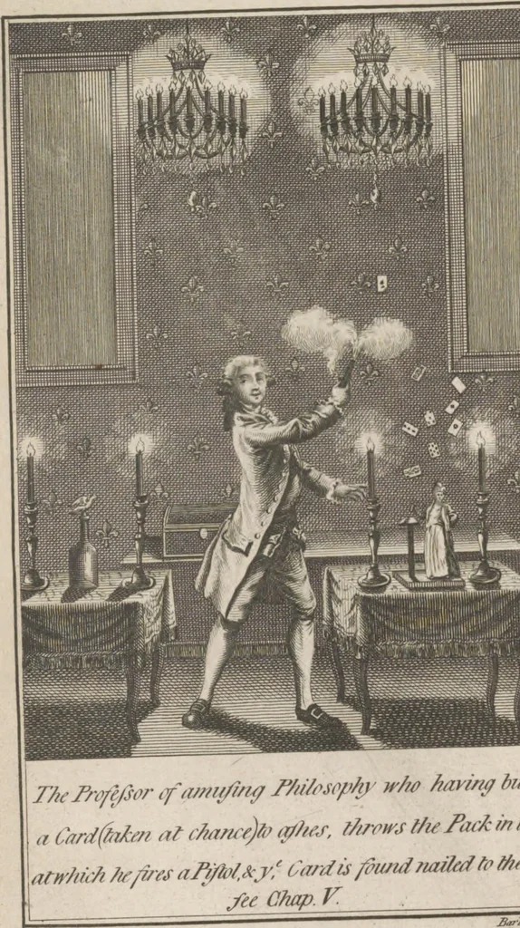 An illustration from The conjurer unmasked : being a clear and full explanation of all the surprizing performances exhibited as well in this kingdom as on the continent by the most eminent and dexterous professors of slight of hand : together with the tricks of the divining rod, automaton chess-player, speaking figure, artificial serpents, mechanical birds, automaton flute player, vaulting figure, magical table, perpetual motion, &c., &c, 1790, leaf 12