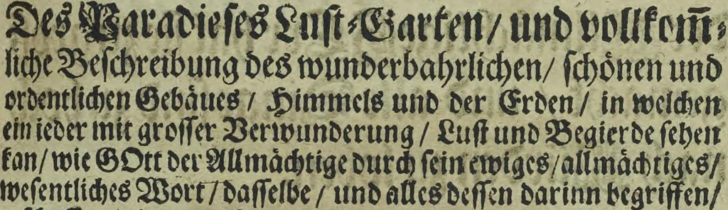 An illustration from Wolffgangi Hildebrands neu-vermehrt, vortrefflich, ausserlesen curieuses Kunst und Wunderbuch : darinnen begriffen wunderbahre Geheimnüsse und Kunststücke, wie man nemlich mit dem gantzen menschlichen Cörper zahmen und wilden Thieren, Vogeln, Fischen, Ungezieffern, allerley Gewächsen und Pflantzungen : auch sonsten fast unerhörte wunderbahrliche Sachen verrichten : auch etliche Wunder-Schrifften künstlich zu bereiten : zu löblicher und lustiger Ubung gebrauchen und die Zeit nützlich zu vertreiben, beneben Erzehlung vieler wunderlichen Dingen, so hin und wieder in der Welt gefunden werden : mit angehengter Beschreibung des Paradiess Luft-Garten und Planetenbuche, dabey eine vollkommene Beschreibung der Physiognomiae, Chiromantiae und Distillir-Kunst, 1704, leaf 321