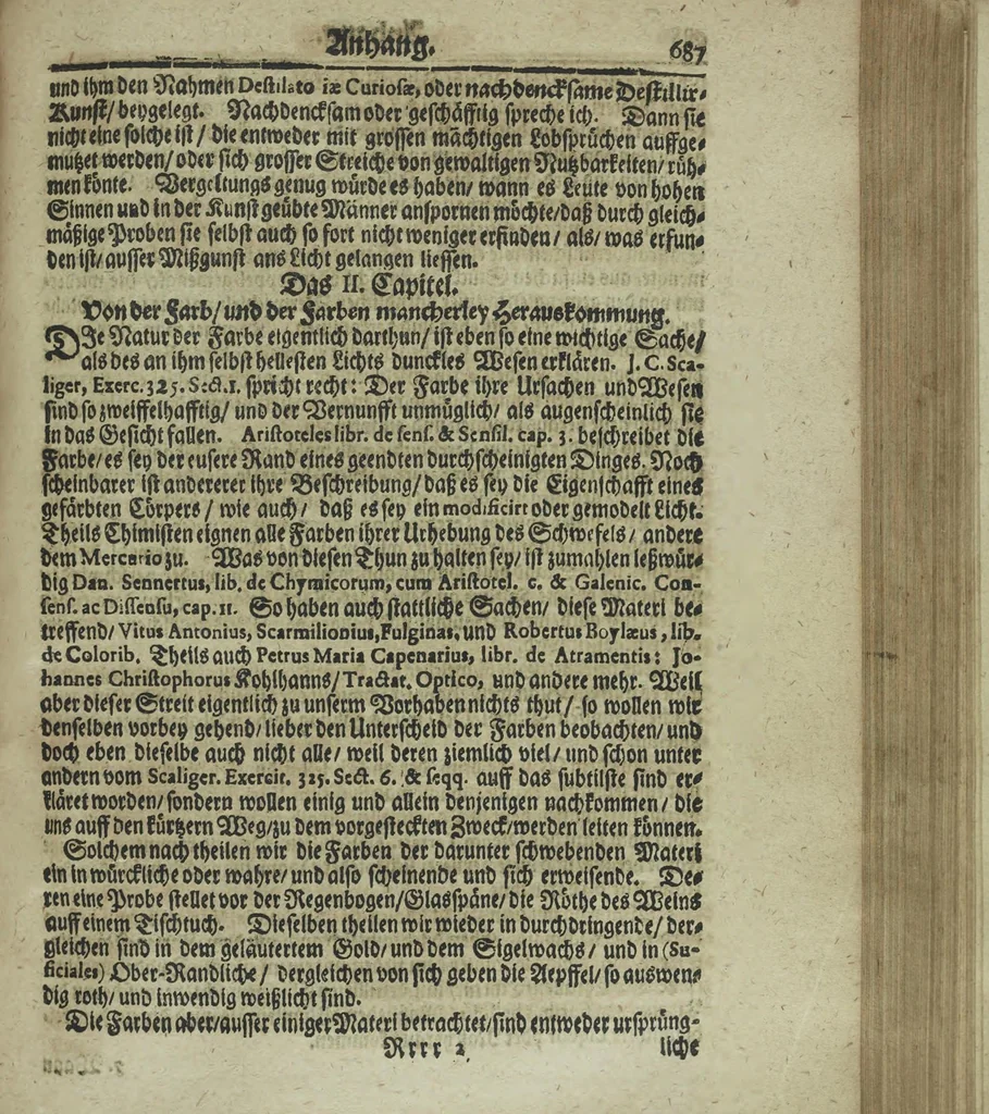 An illustration from Wolffgangi Hildebrands neu-vermehrt, vortrefflich, ausserlesen curieuses Kunst und Wunderbuch : darinnen begriffen wunderbahre Geheimnüsse und Kunststücke, wie man nemlich mit dem gantzen menschlichen Cörper zahmen und wilden Thieren, Vogeln, Fischen, Ungezieffern, allerley Gewächsen und Pflantzungen : auch sonsten fast unerhörte wunderbahrliche Sachen verrichten : auch etliche Wunder-Schrifften künstlich zu bereiten : zu löblicher und lustiger Ubung gebrauchen und die Zeit nützlich zu vertreiben, beneben Erzehlung vieler wunderlichen Dingen, so hin und wieder in der Welt gefunden werden : mit angehengter Beschreibung des Paradiess Luft-Garten und Planetenbuche, dabey eine vollkommene Beschreibung der Physiognomiae, Chiromantiae und Distillir-Kunst, 1704, leaf 711