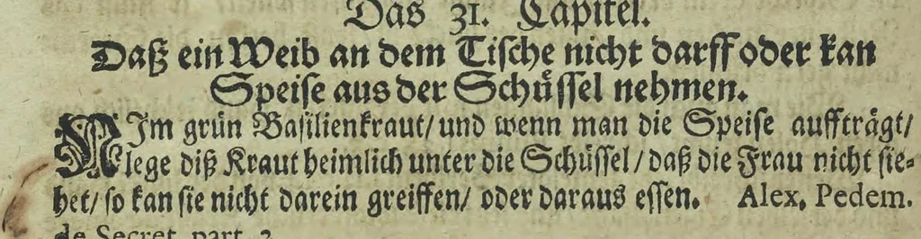 An illustration from Wolffgangi Hildebrands neu-vermehrt, vortrefflich, ausserlesen curieuses Kunst und Wunderbuch : darinnen begriffen wunderbahre Geheimnüsse und Kunststücke, wie man nemlich mit dem gantzen menschlichen Cörper zahmen und wilden Thieren, Vogeln, Fischen, Ungezieffern, allerley Gewächsen und Pflantzungen : auch sonsten fast unerhörte wunderbahrliche Sachen verrichten : auch etliche Wunder-Schrifften künstlich zu bereiten : zu löblicher und lustiger Ubung gebrauchen und die Zeit nützlich zu vertreiben, beneben Erzehlung vieler wunderlichen Dingen, so hin und wieder in der Welt gefunden werden : mit angehengter Beschreibung des Paradiess Luft-Garten und Planetenbuche, dabey eine vollkommene Beschreibung der Physiognomiae, Chiromantiae und Distillir-Kunst, 1704, leaf 82