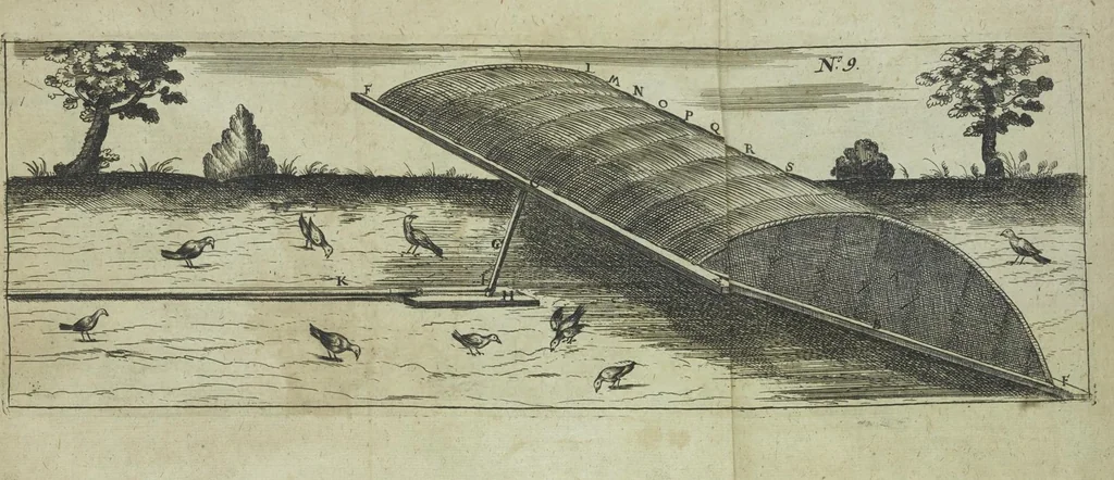 An illustration from Wolffgangi Hildebrands neu-vermehrt, vortrefflich, ausserlesen curieuses Kunst und Wunderbuch : darinnen begriffen wunderbahre Geheimnüsse und Kunststücke, wie man nemlich mit dem gantzen menschlichen Cörper zahmen und wilden Thieren, Vogeln, Fischen, Ungezieffern, allerley Gewächsen und Pflantzungen : auch sonsten fast unerhörte wunderbahrliche Sachen verrichten : auch etliche Wunder-Schrifften künstlich zu bereiten : zu löblicher und lustiger Ubung gebrauchen und die Zeit nützlich zu vertreiben, beneben Erzehlung vieler wunderlichen Dingen, so hin und wieder in der Welt gefunden werden : mit angehengter Beschreibung des Paradiess Luft-Garten und Planetenbuche, dabey eine vollkommene Beschreibung der Physiognomiae, Chiromantiae und Distillir-Kunst, 1704, leaf 983