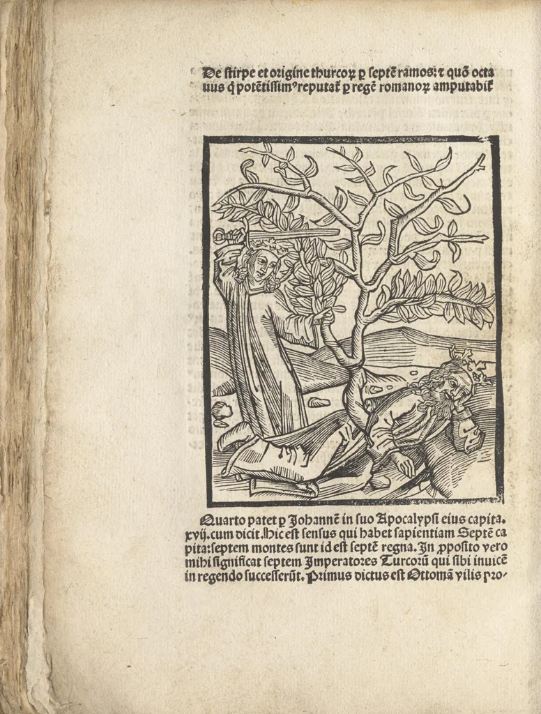 An illustration from De reuelatione facta ab angelo beato Methodio in carcere dete[n]to, 1498, leaf 129