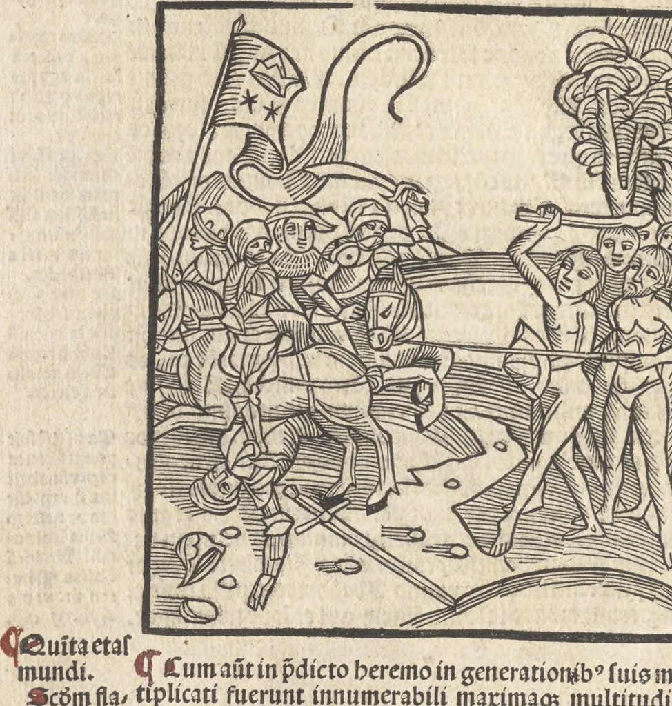 An illustration from De reuelatione facta ab angelo beato Methodio in carcere dete[n]to, 1498, leaf 21