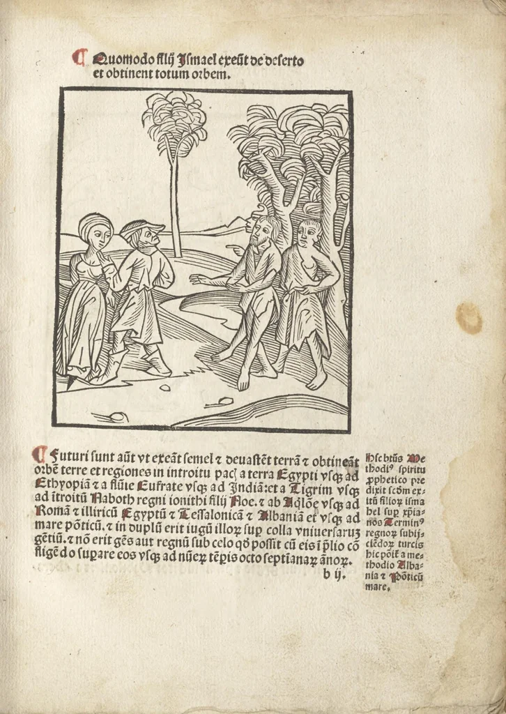 An illustration from De reuelatione facta ab angelo beato Methodio in carcere dete[n]to, 1498, leaf 24