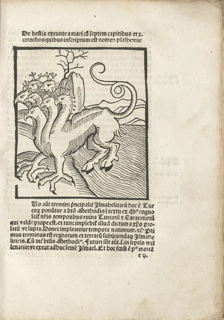 An illustration from De reuelatione facta ab angelo beato Methodio in carcere dete[n]to, 1498, leaf 72