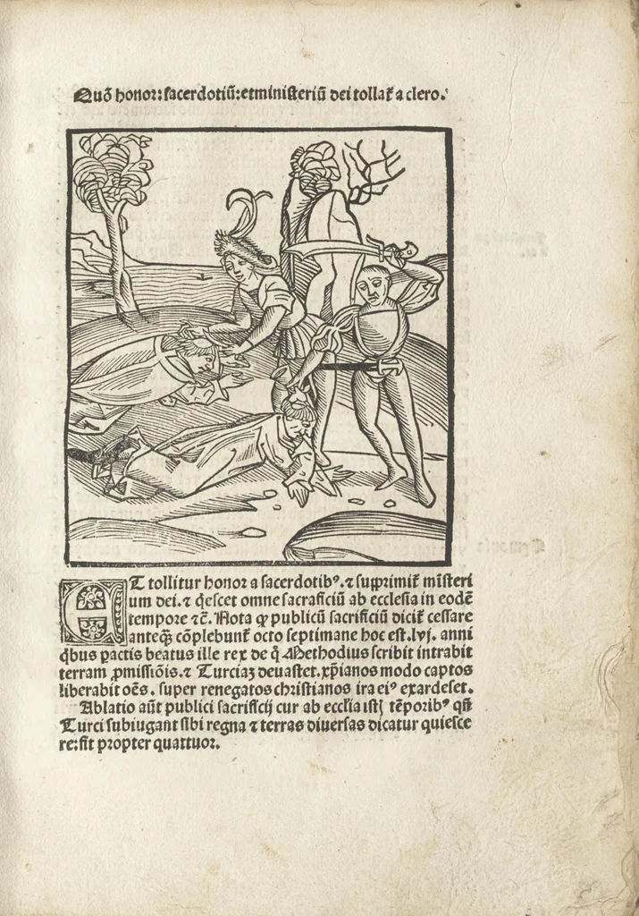 An illustration from De reuelatione facta ab angelo beato Methodio in carcere dete[n]to, 1498, leaf 84