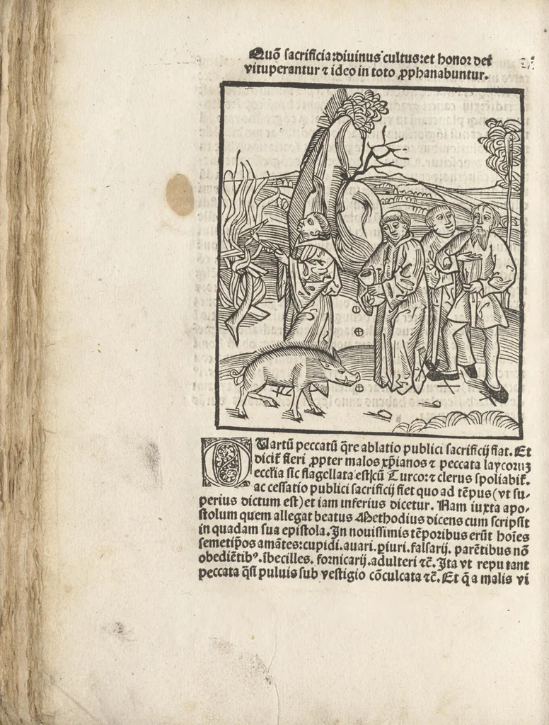 An illustration from De reuelatione facta ab angelo beato Methodio in carcere dete[n]to, 1498, leaf 99