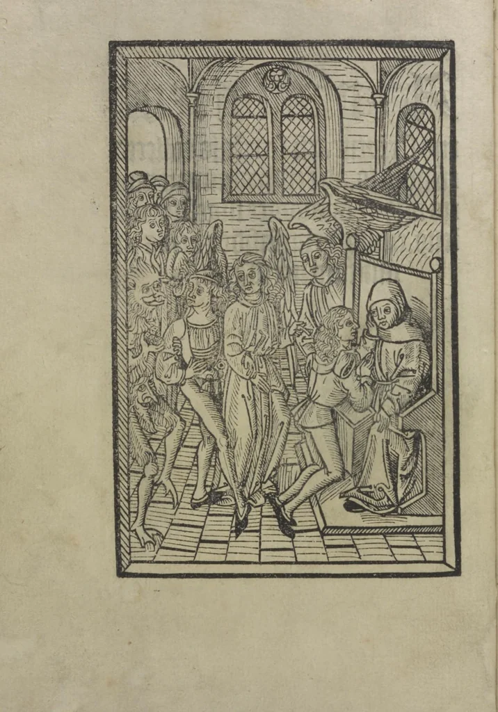 An illustration from Ars morie[n]di, ex varijs Scripturaru[m] sente[n]tijs collecta cu[m] figuris, ad resistendum in mortis agone dyabolice sugestio[n]i valens, cuilibet Christifideli vtilis ac multum necessaria, 1500, leaf 13