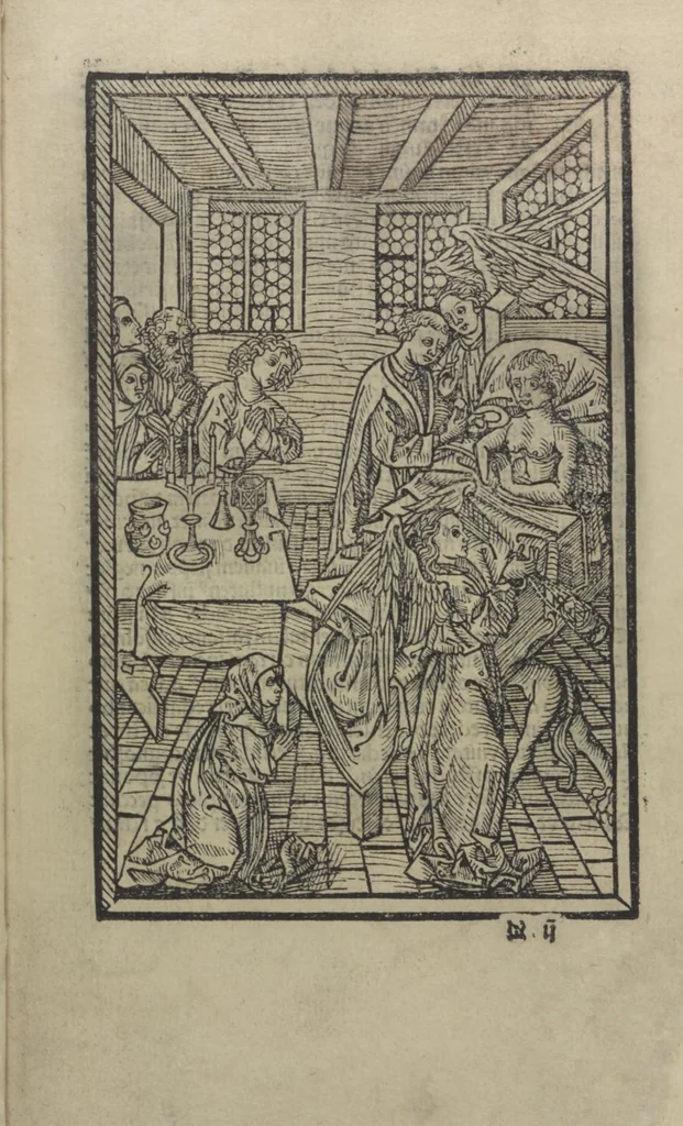 An illustration from Ars morie[n]di, ex varijs Scripturaru[m] sente[n]tijs collecta cu[m] figuris, ad resistendum in mortis agone dyabolice sugestio[n]i valens, cuilibet Christifideli vtilis ac multum necessaria, 1500, leaf 14
