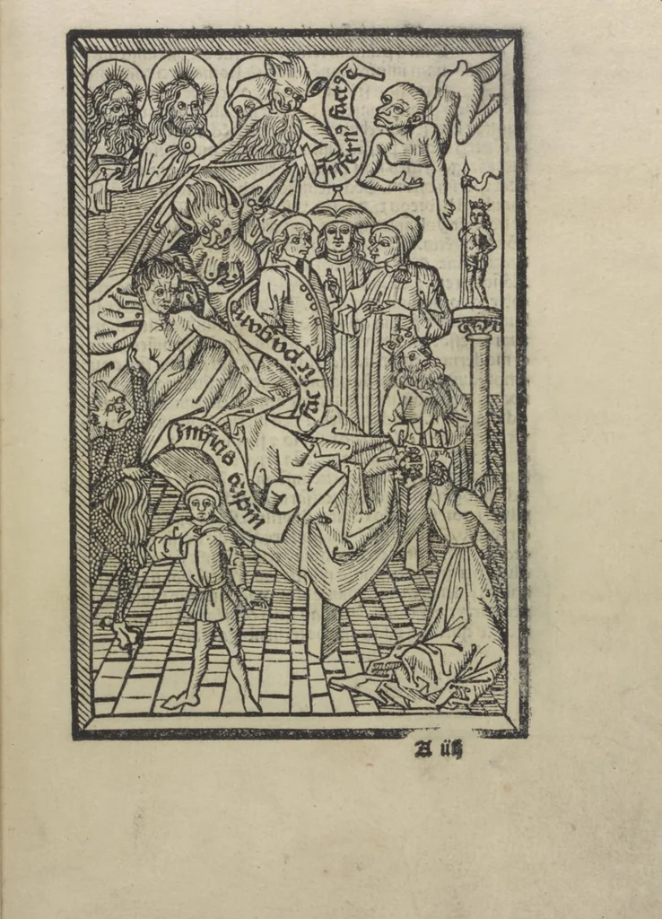An illustration from Ars morie[n]di, ex varijs Scripturaru[m] sente[n]tijs collecta cu[m] figuris, ad resistendum in mortis agone dyabolice sugestio[n]i valens, cuilibet Christifideli vtilis ac multum necessaria, 1500, leaf 18