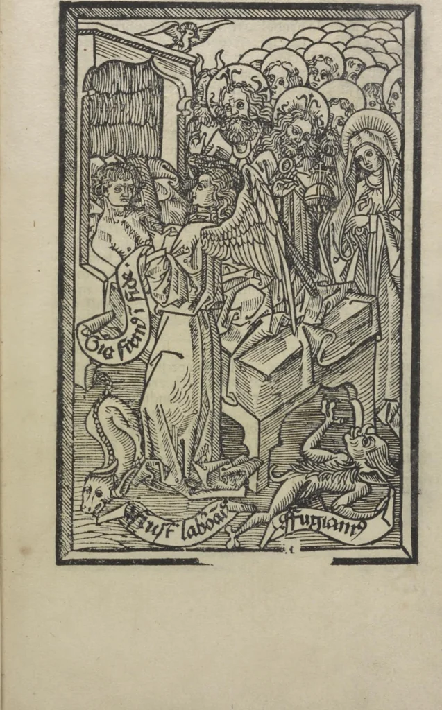 An illustration from Ars morie[n]di, ex varijs Scripturaru[m] sente[n]tijs collecta cu[m] figuris, ad resistendum in mortis agone dyabolice sugestio[n]i valens, cuilibet Christifideli vtilis ac multum necessaria, 1500, leaf 20