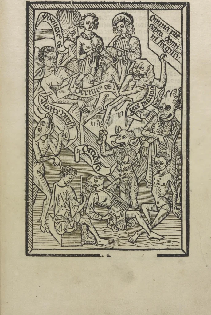 An illustration from Ars morie[n]di, ex varijs Scripturaru[m] sente[n]tijs collecta cu[m] figuris, ad resistendum in mortis agone dyabolice sugestio[n]i valens, cuilibet Christifideli vtilis ac multum necessaria, 1500, leaf 22